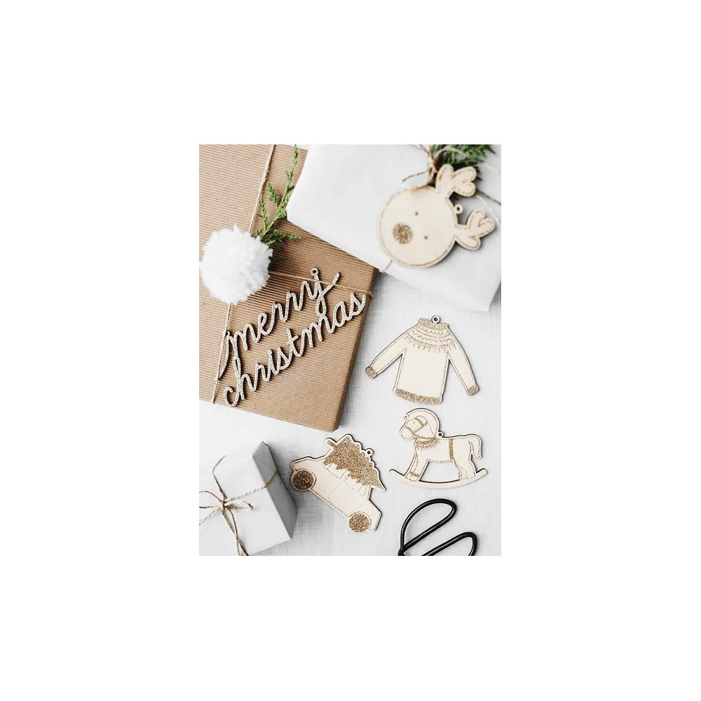 Wooden hanging decorations with glitter - gold, 10 pcs.