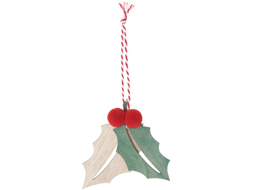Wooden pendant, Holly with pompoms - Rico Design - 8,5 x 7 cm