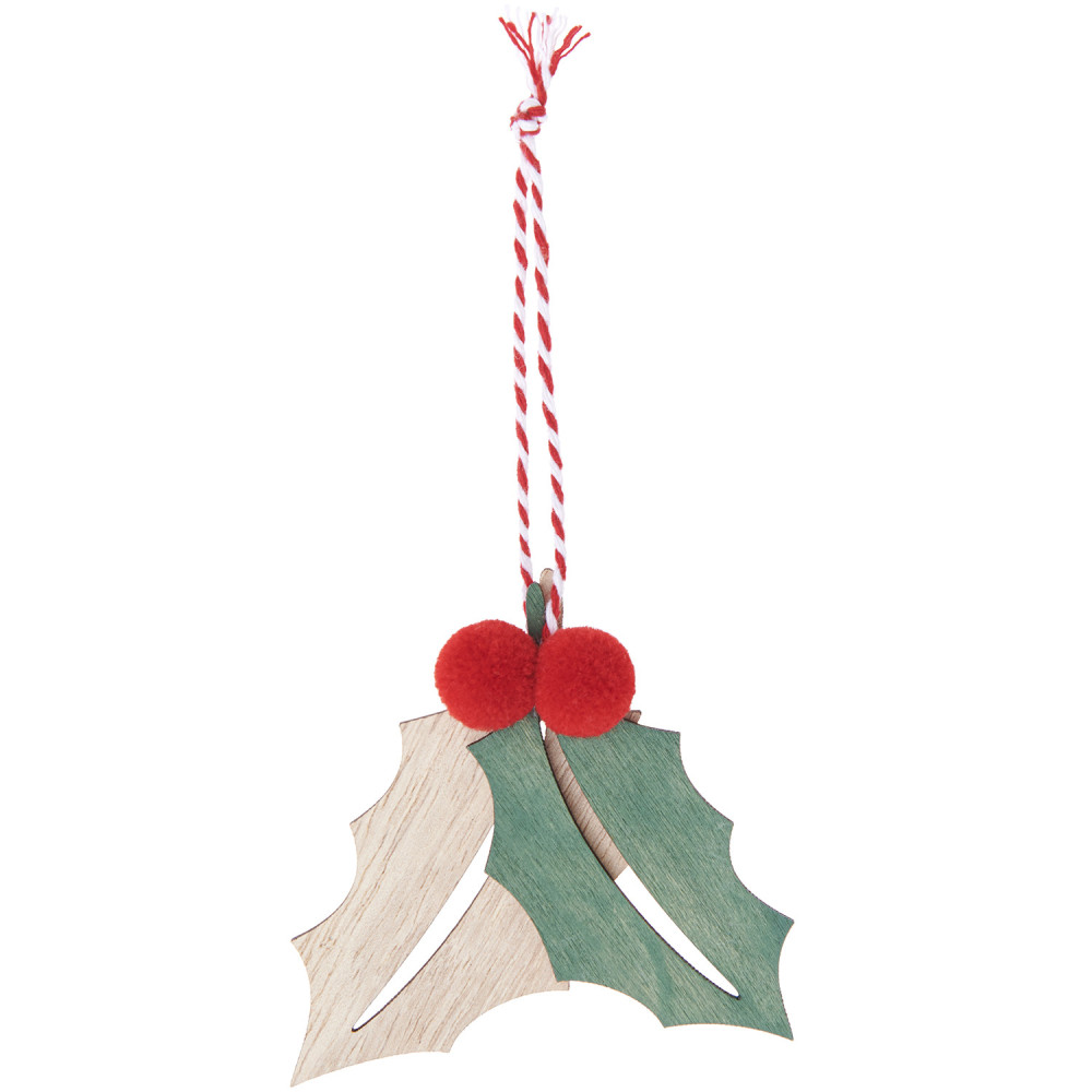 Wooden pendant, Holly with pompoms - Rico Design - 8,5 x 7 cm