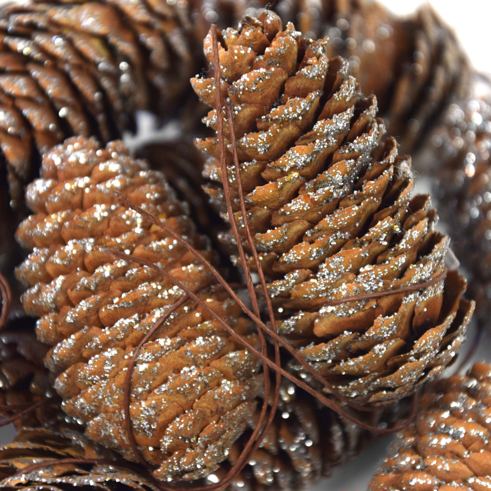Pine cones with wires and glitter - silver, 12 pcs