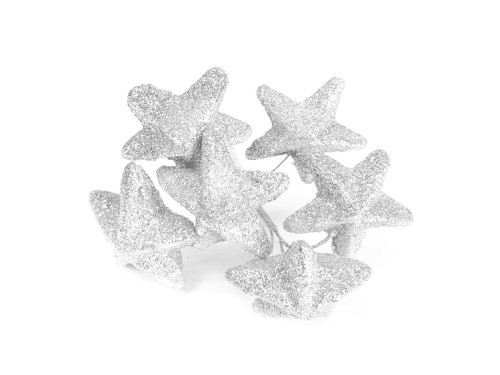 Glitter stars on wires - white, 25 mm, 6 pcs.