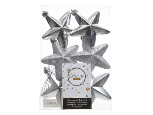 Bombki choinkowe nietłukące, Gwiazdki - srebrne, 7,5 cm, 6 szt.