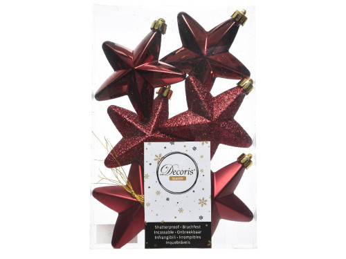 Shatterproof star baubles - bordeaux, 7,5 cm, 6 pcs.