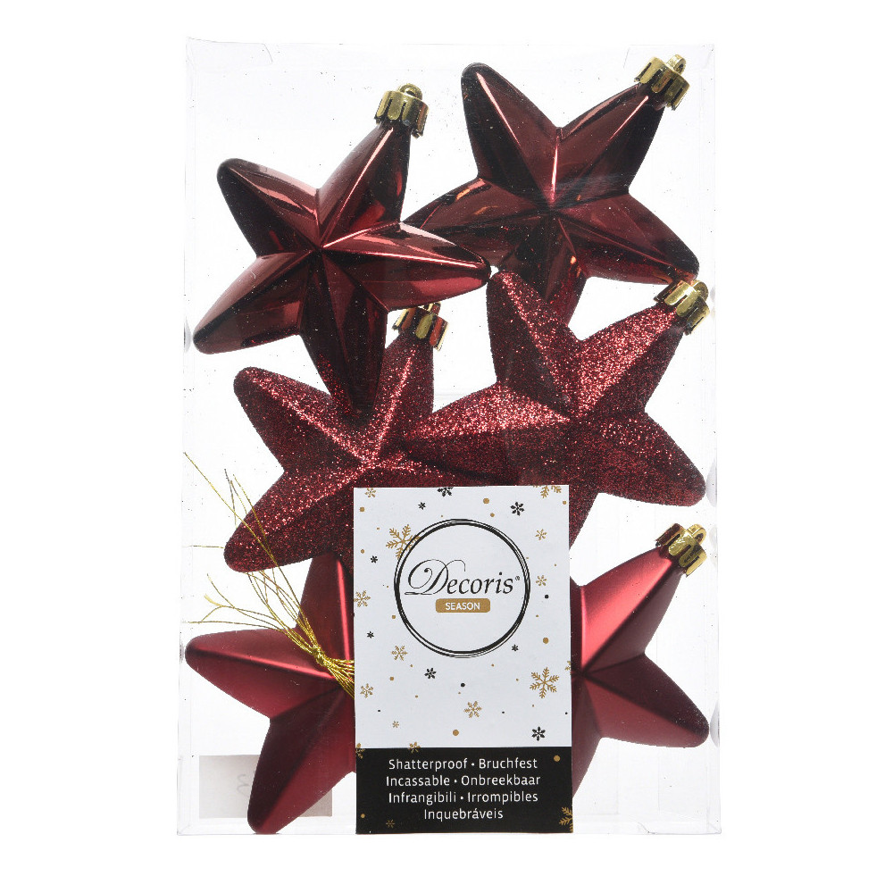 Shatterproof star baubles - bordeaux, 7,5 cm, 6 pcs.