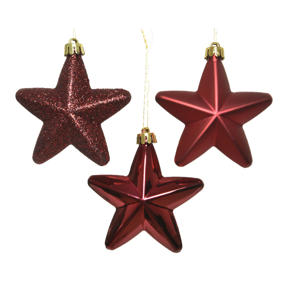 Shatterproof star baubles - bordeaux, 7,5 cm, 6 pcs.