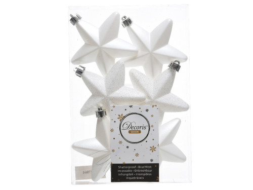 Shatterproof star baubles - white, 7,5 cm, 6 pcs.