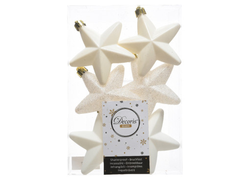Shatterproof star baubles - wool white, 7,5 cm, 6 pcs.