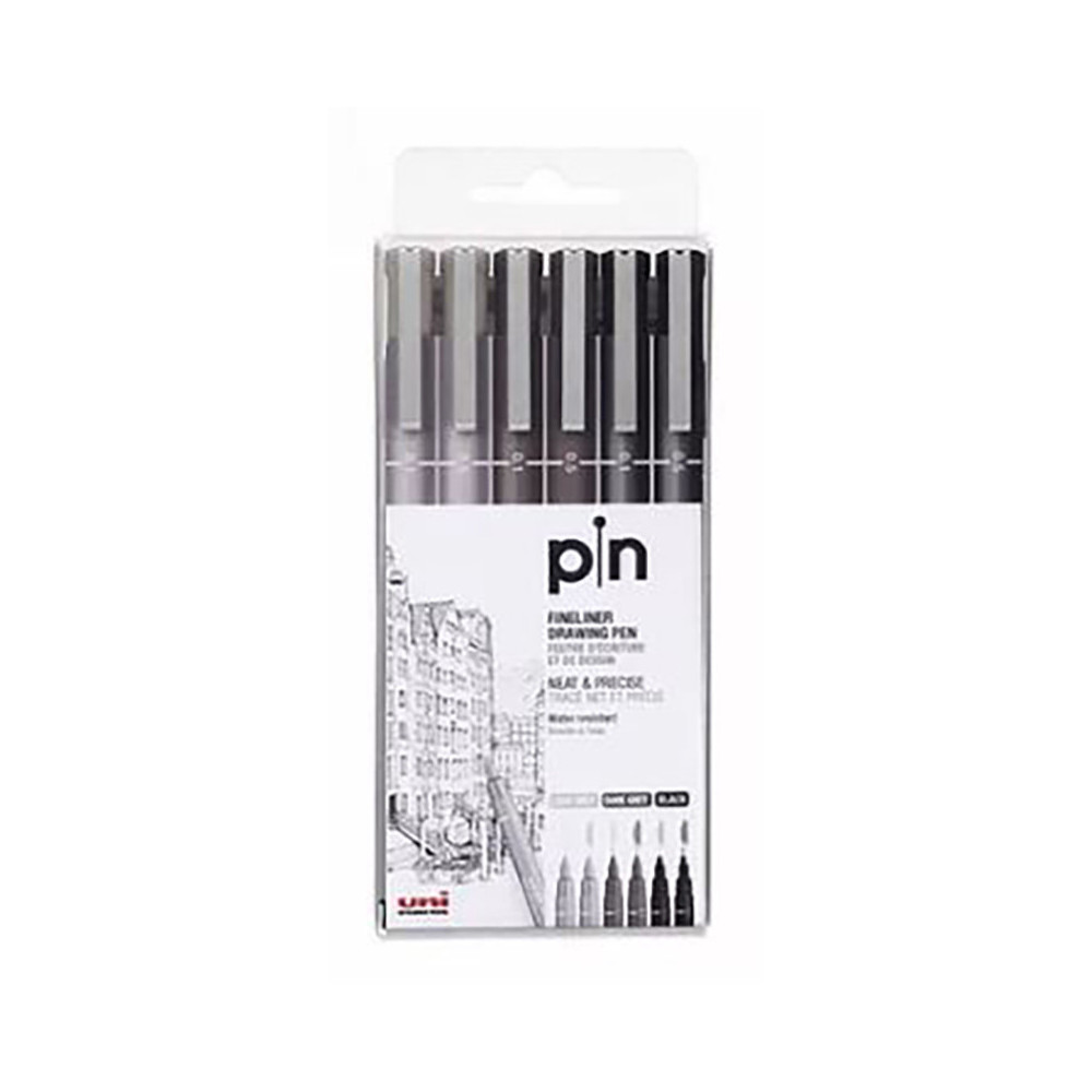 Set of fineliner pens Pin 200 - Uni - grey and black, 6 pcs.