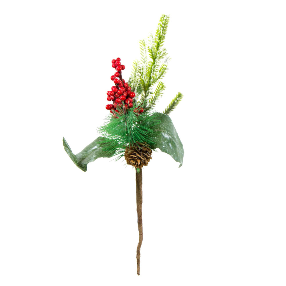 Gałązka świąteczna z szyszką i jarzębiną - 15 cm