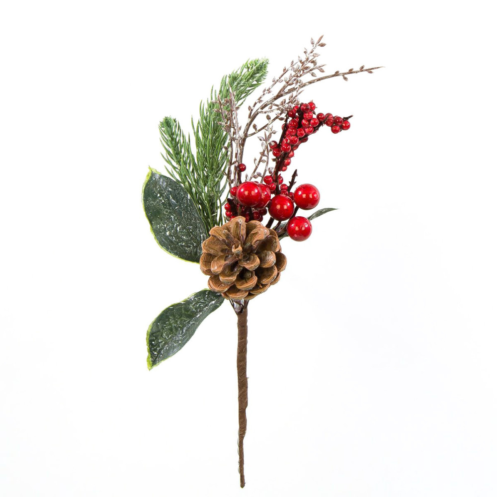 Gałązka świąteczna, jagody czerwone z szyszką i jarzębiną - 25 cm