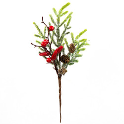 Gałązka świąteczna, jagody czerwone z szyszkami - 27 cm