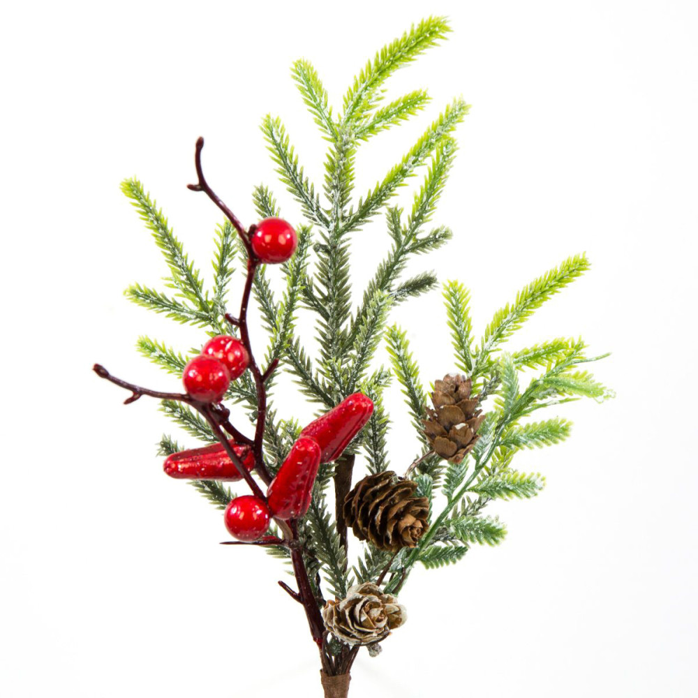Gałązka świąteczna, jagody czerwone z szyszkami - 27 cm