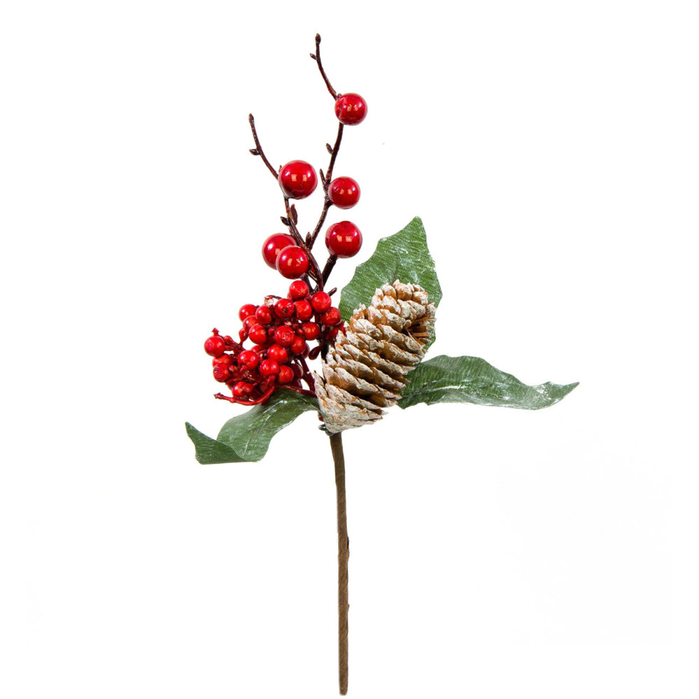 Gałązka świąteczna, jagody czerwone z szyszką i jarzębiną - 20 cm