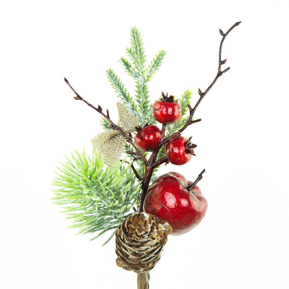 Gałązka świąteczna, jagody czerwone z szyszką i jabłuszkiem - 20 cm
