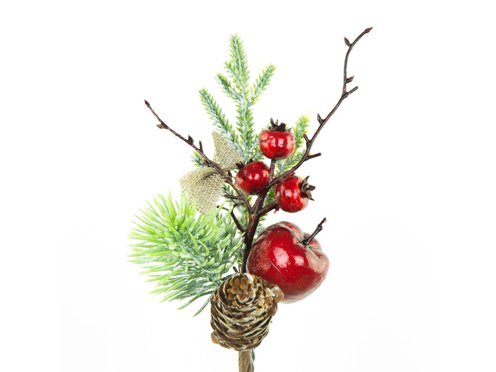Gałązka świąteczna, jagody czerwone z szyszką i jabłuszkiem - 20 cm