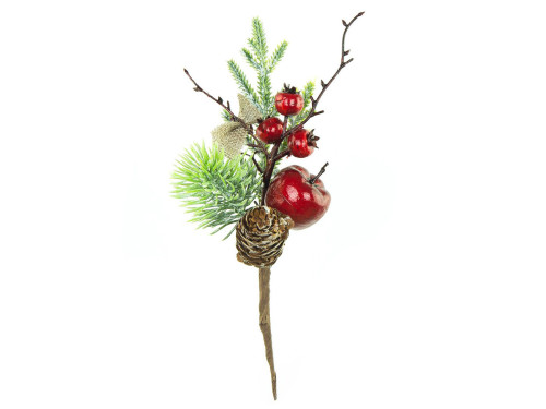 Gałązka świąteczna, jagody czerwone z szyszką i jabłuszkiem - 20 cm