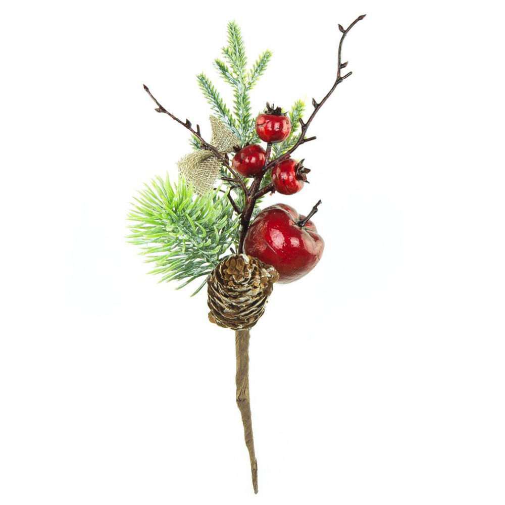 Christmas branch, red berries with cone and apple - 20 cm