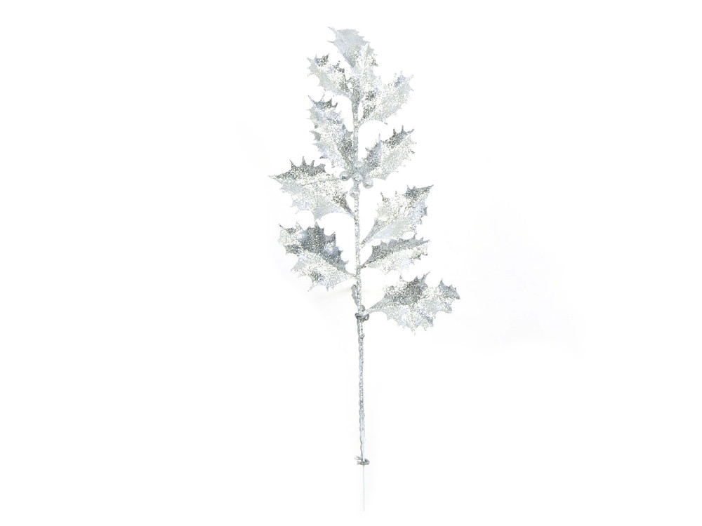 Gałązka świąteczna, ostrokrzew - srebrna, brokatowa, 30 cm