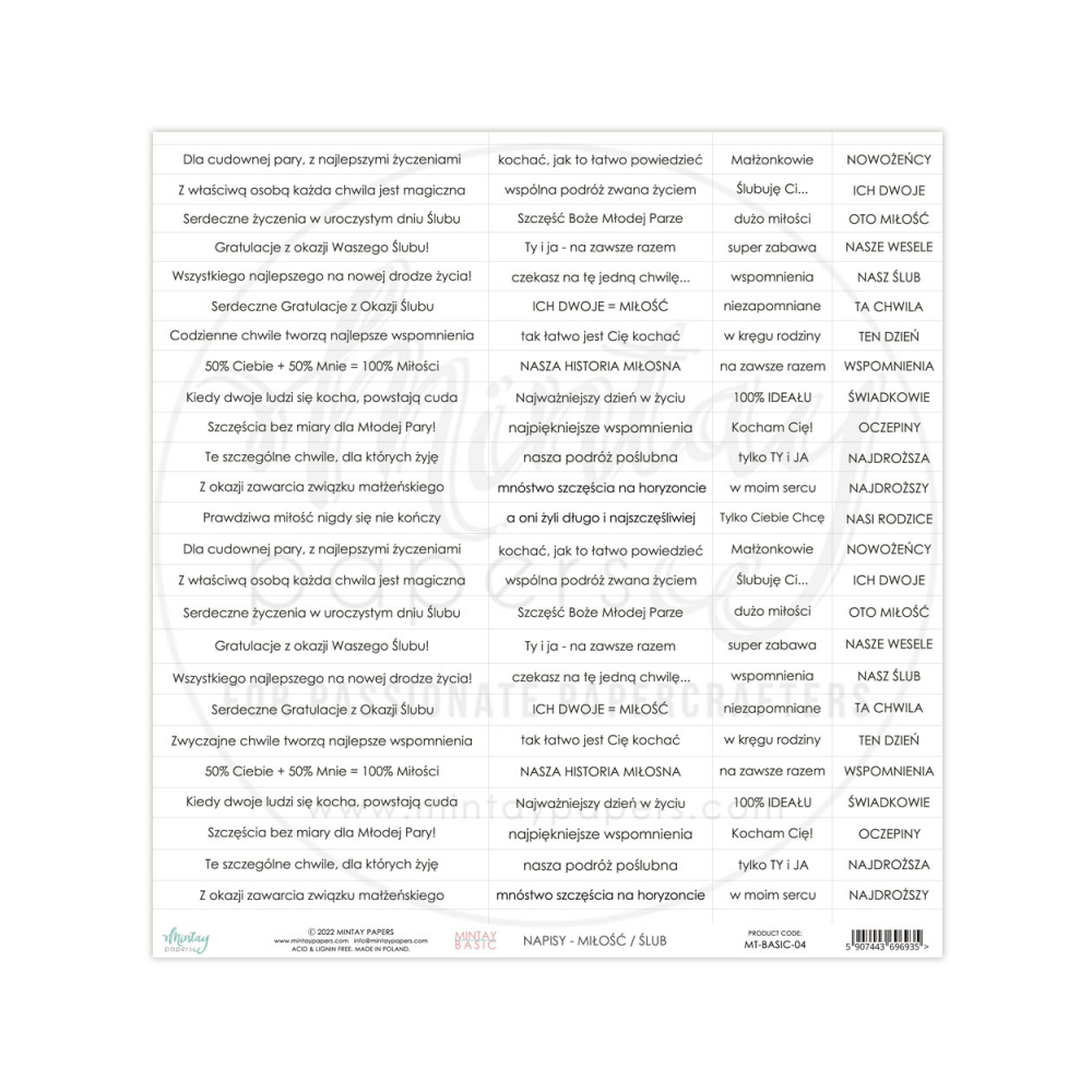 Arkusz napisów do scrapbookingu 30,5 x 30,50 cm - Mintay - Miłość