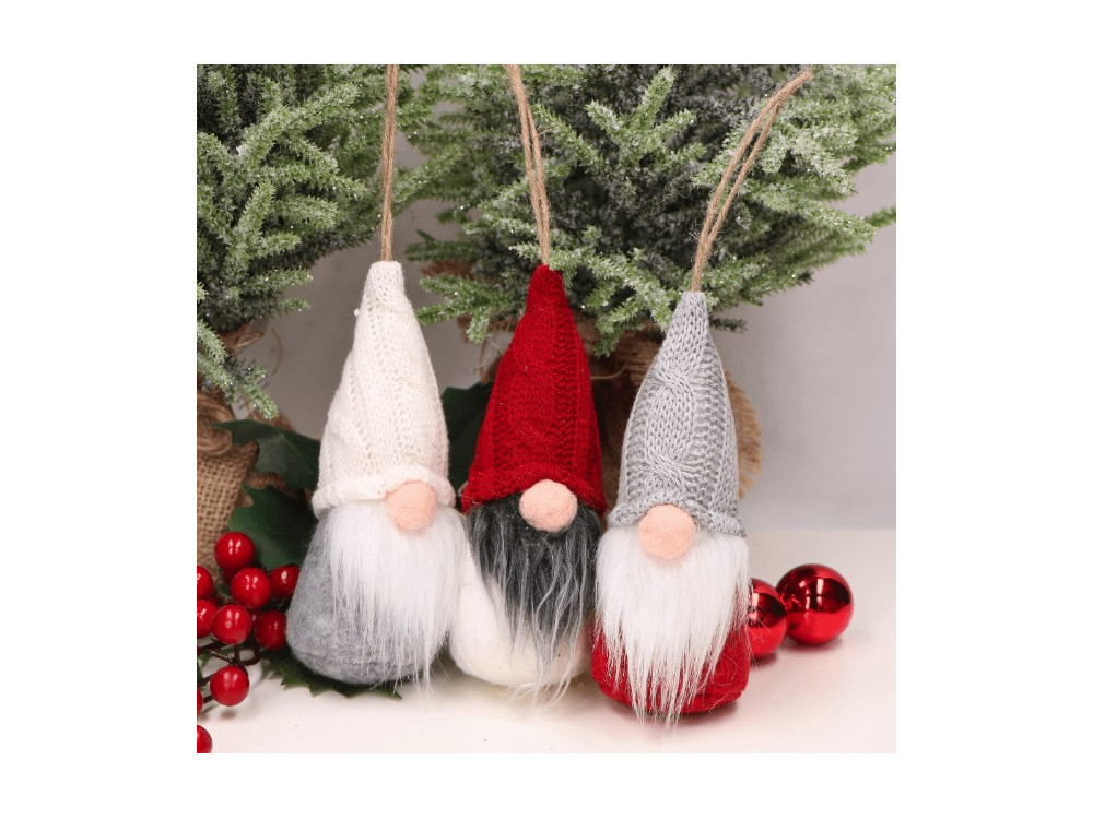 Skrzat świąteczny z wełnianą czapką, wiszący - czerwony, 15 cm