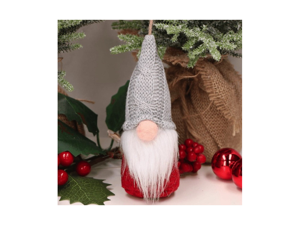 Skrzat świąteczny z wełnianą czapką, wiszący - szary, 15 cm