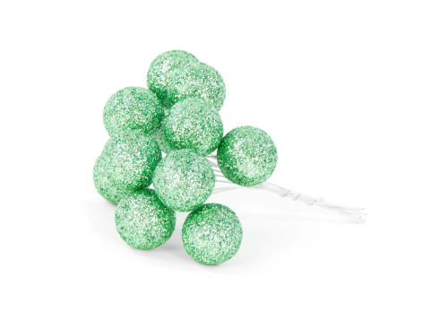 Glitter baubles on wires - light green, 25 mm, 12 pcs.