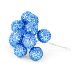 Glitter baubles on wires - blue, 25 mm, 12 pcs.