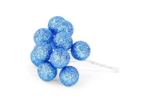 Glitter baubles on wires - blue, 25 mm, 12 pcs.