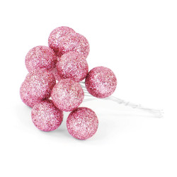 Glitter baubles on wires - pink, 25 mm, 12 pcs.