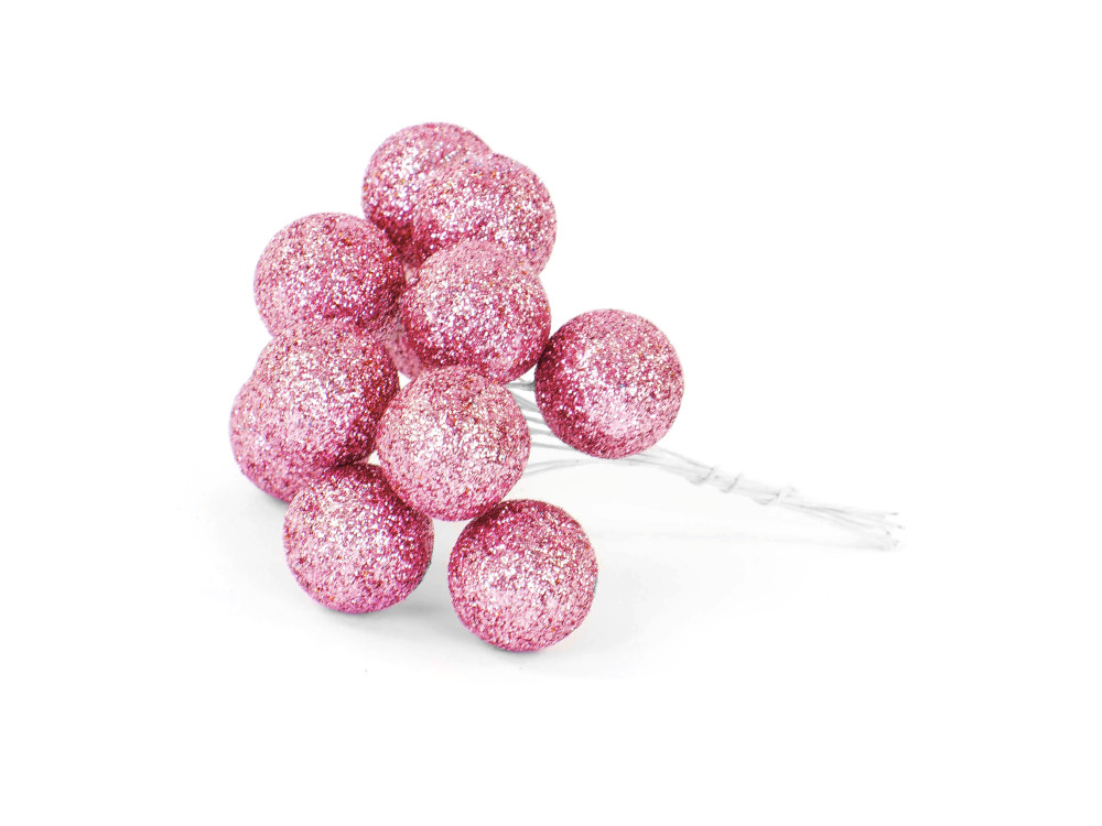 Glitter baubles on wires - pink, 25 mm, 12 pcs.