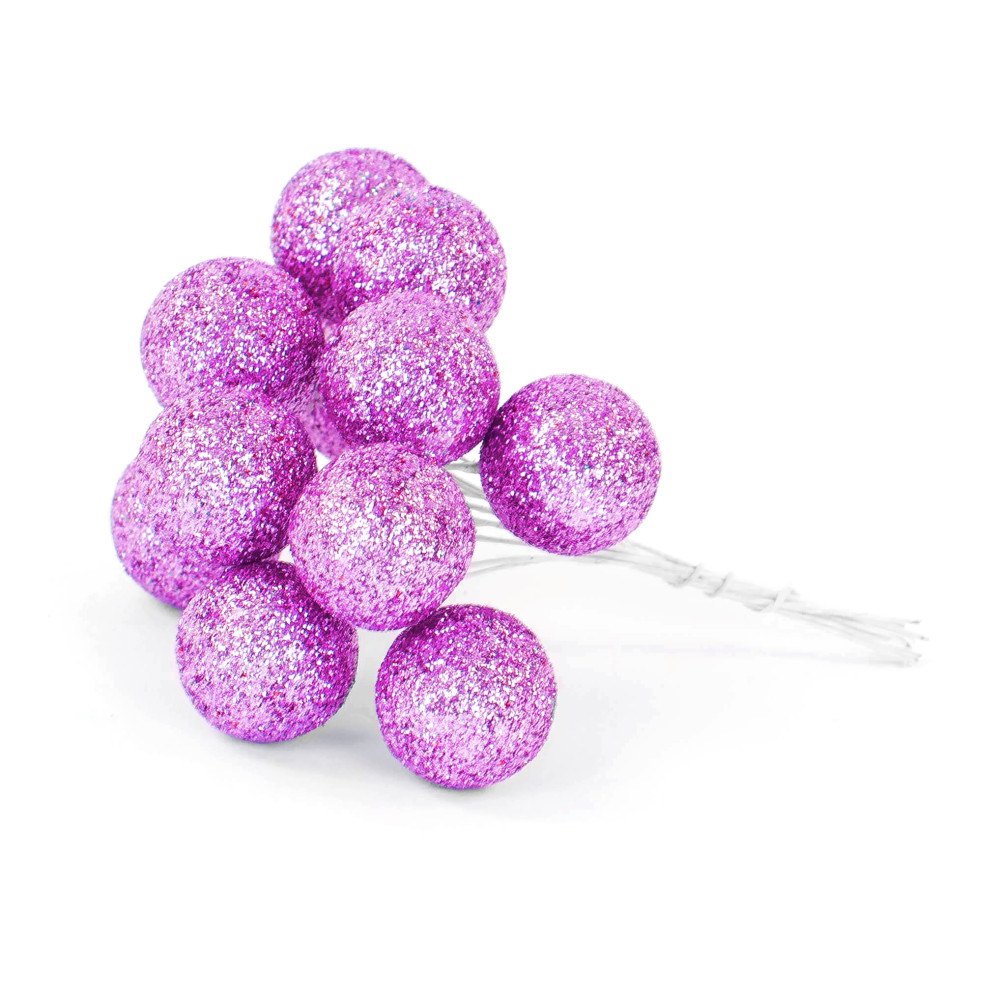 Glitter baubles on wires - lavender, 25 mm, 12 pcs.