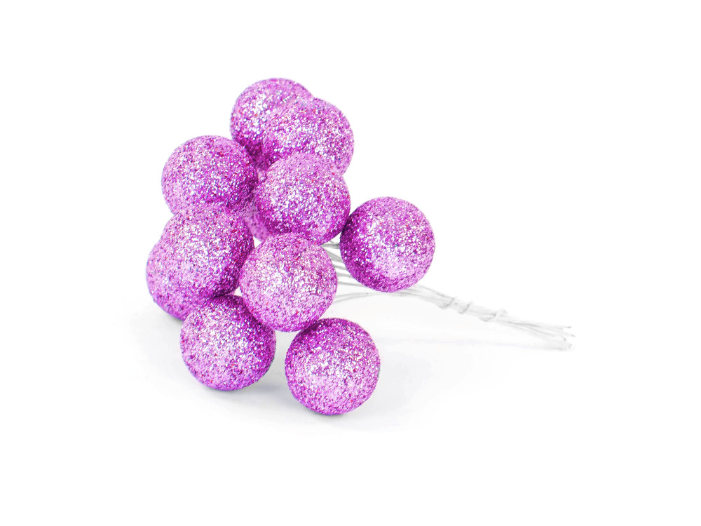 Glitter baubles on wires - lavender, 25 mm, 12 pcs.