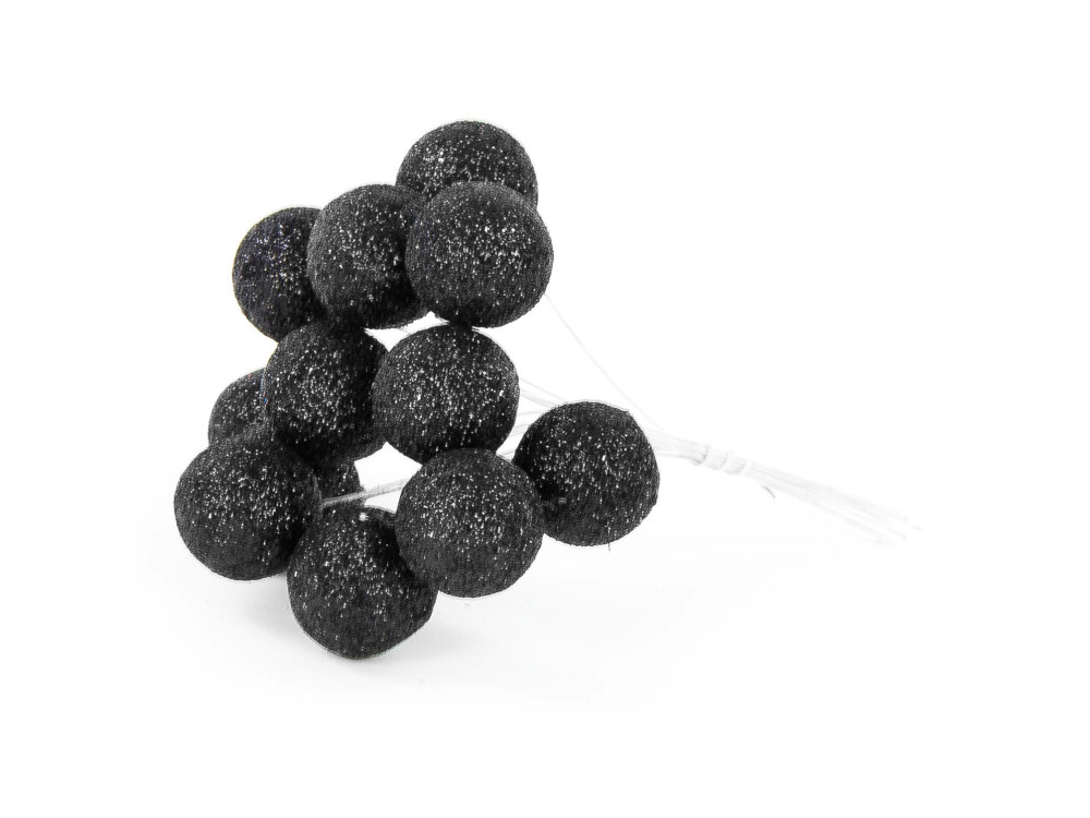 Glitter baubles on wires - black, 25 mm, 12 pcs.