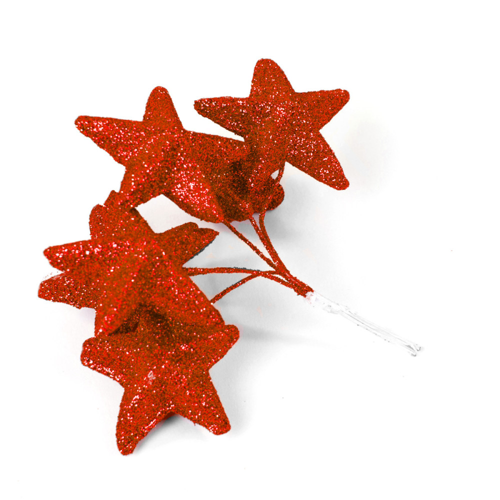 Glitter stars on wires - red, 25 mm, 6 pcs.