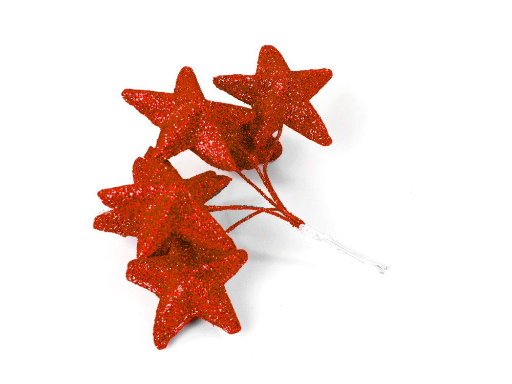 Glitter stars on wires - red, 25 mm, 6 pcs.