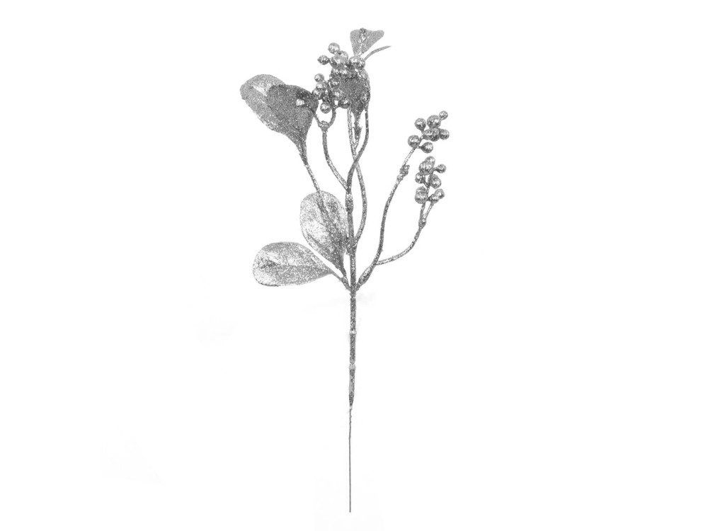 Gałązka świąteczna z brokatem - srebrna, 30 cm