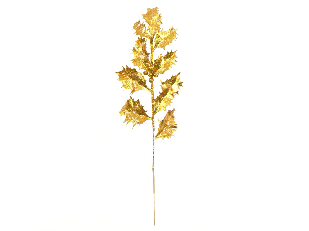Gałązka świąteczna, ostrokrzew - złota, brokatowa, 30 cm
