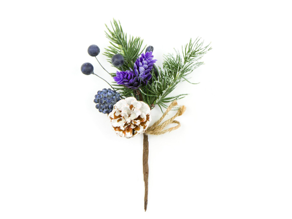 Gałązka świąteczna z szyszką - niebieska, 24 cm