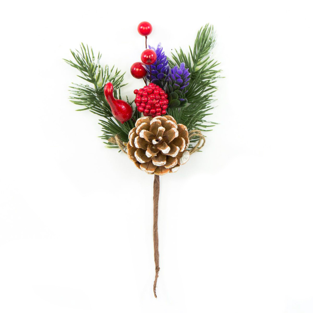 Gałązka świąteczna z szyszką - czerwona, 24 cm