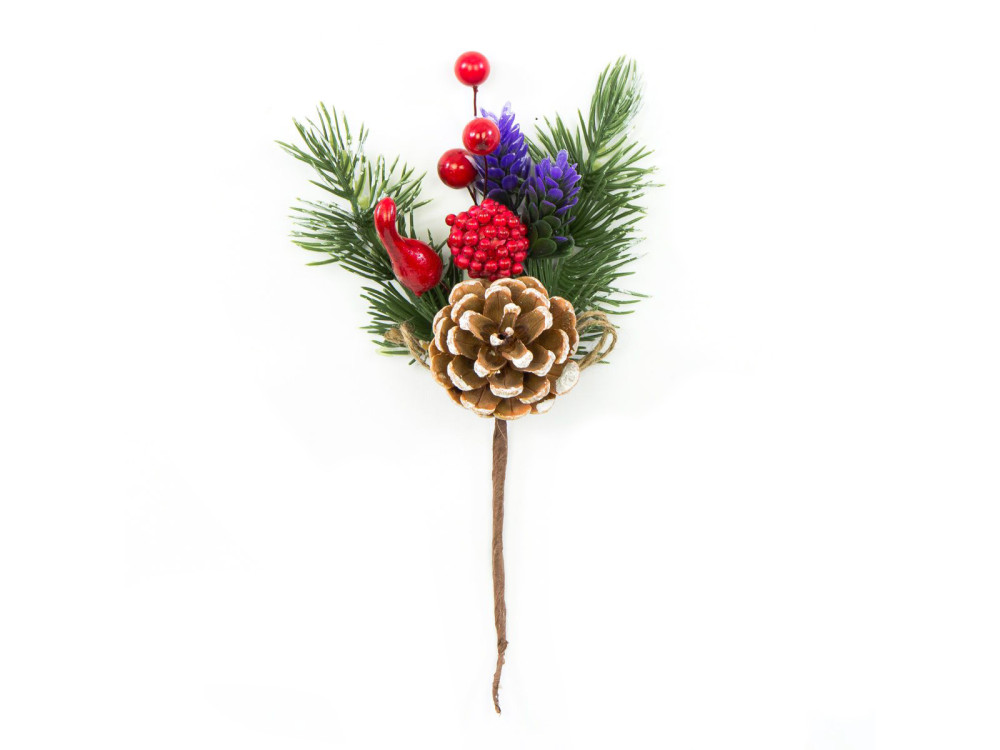 Gałązka świąteczna z szyszką - czerwona, 24 cm