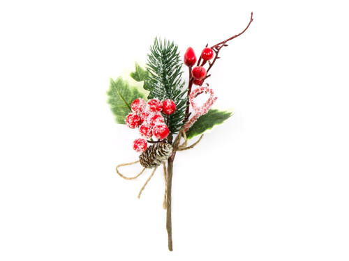Gałązka świąteczna z szyszką, oszroniona - czerwona, 24 cm