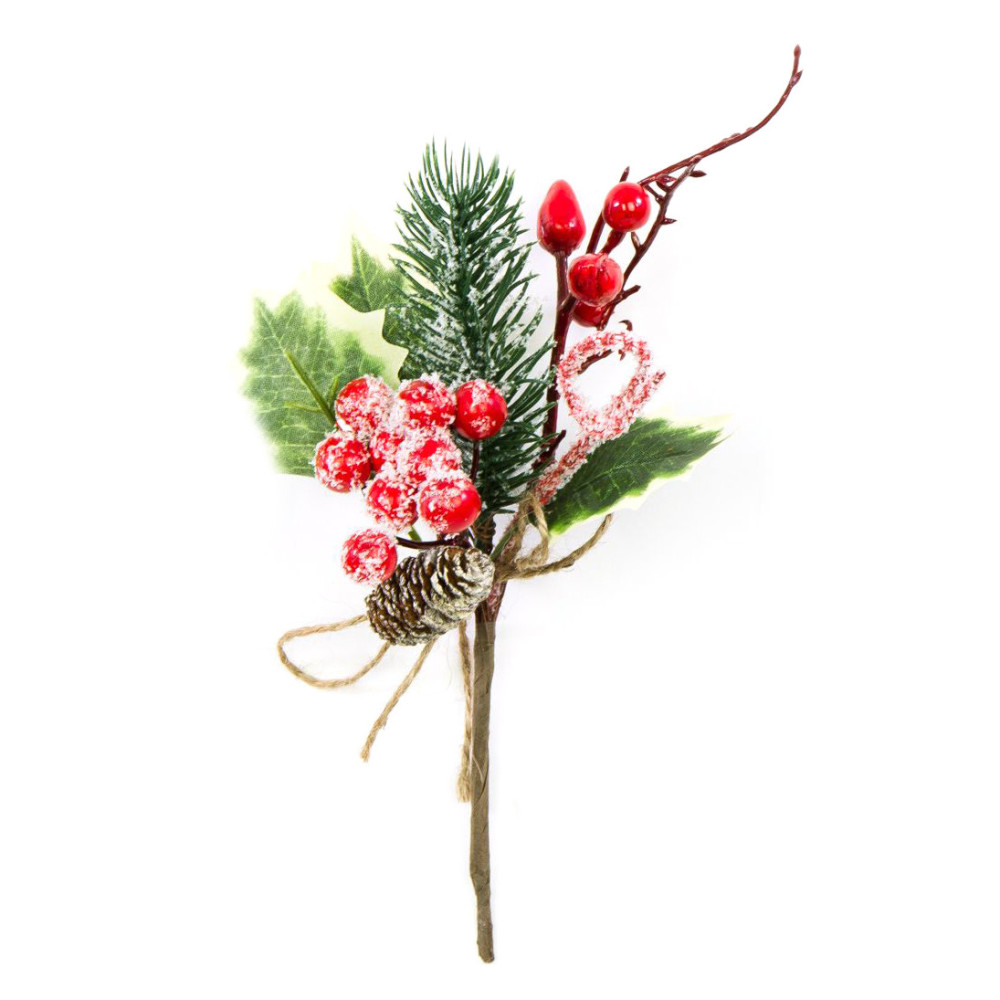 Gałązka świąteczna z szyszką, oszroniona - czerwona, 24 cm