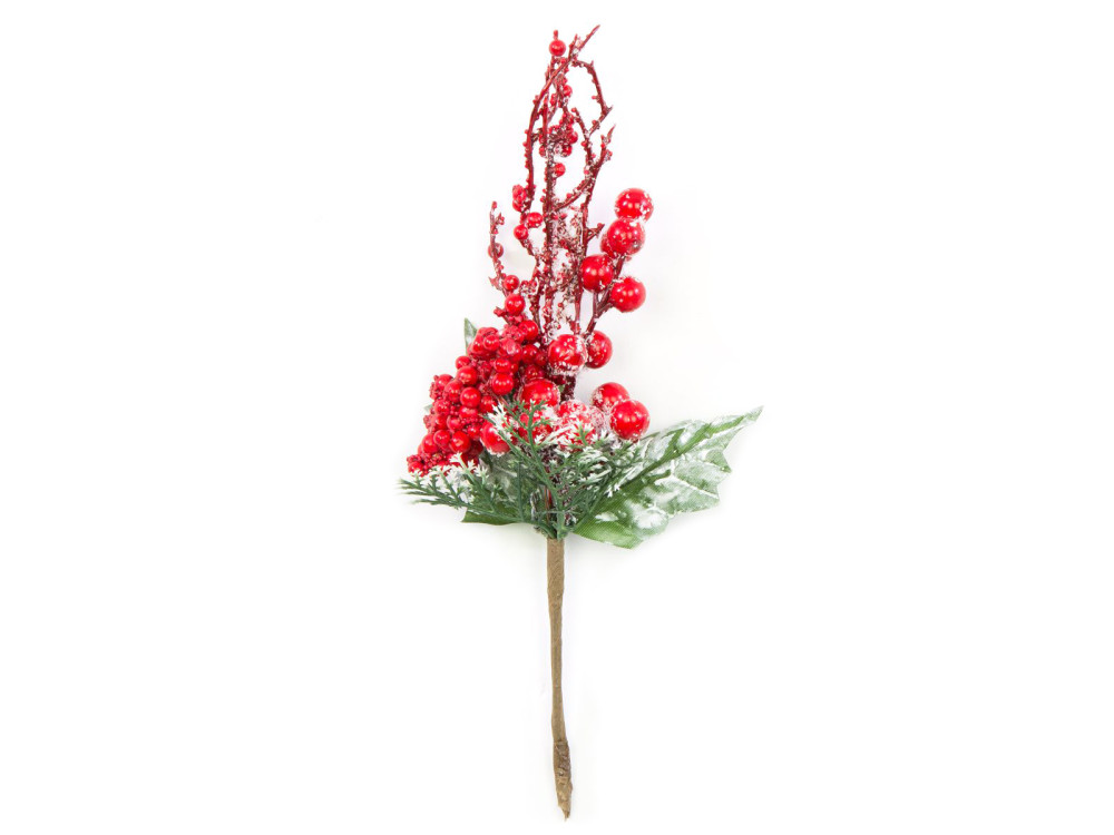 Gałązka świąteczna z jarzębiną, oszroniona - czerwona, 26 cm