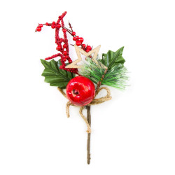 Gałązka świąteczna z jabłkiem i gwiazdką - czerwona, 26 cm