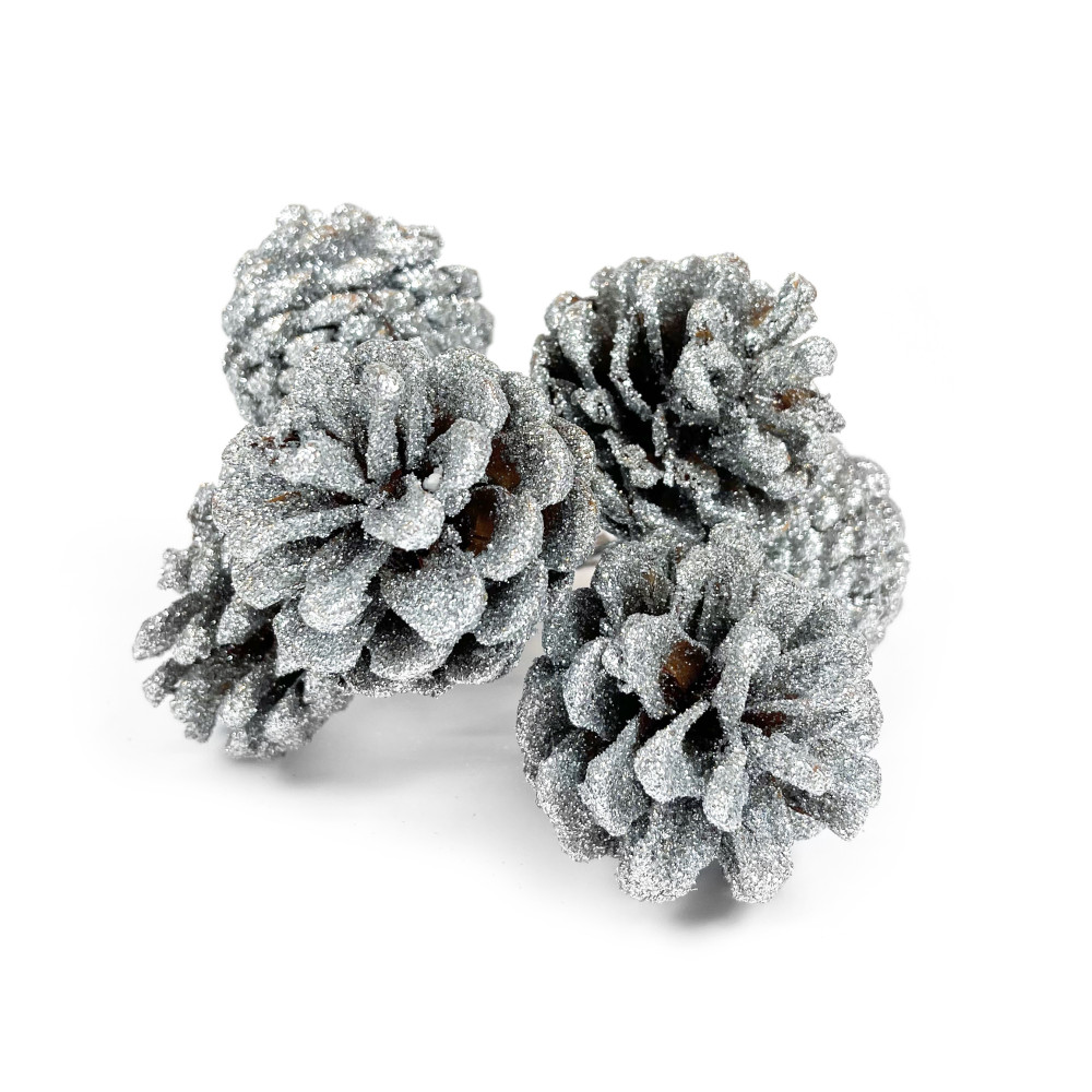 Decorative cones with glitter - silver, 4 cm, 6 pcs.