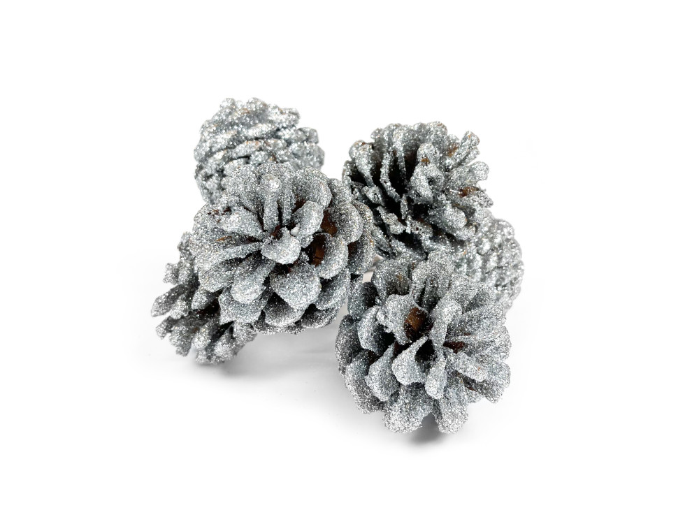 Szyszki z brokatem, wiązka - srebrne, 4 cm, 6 szt.