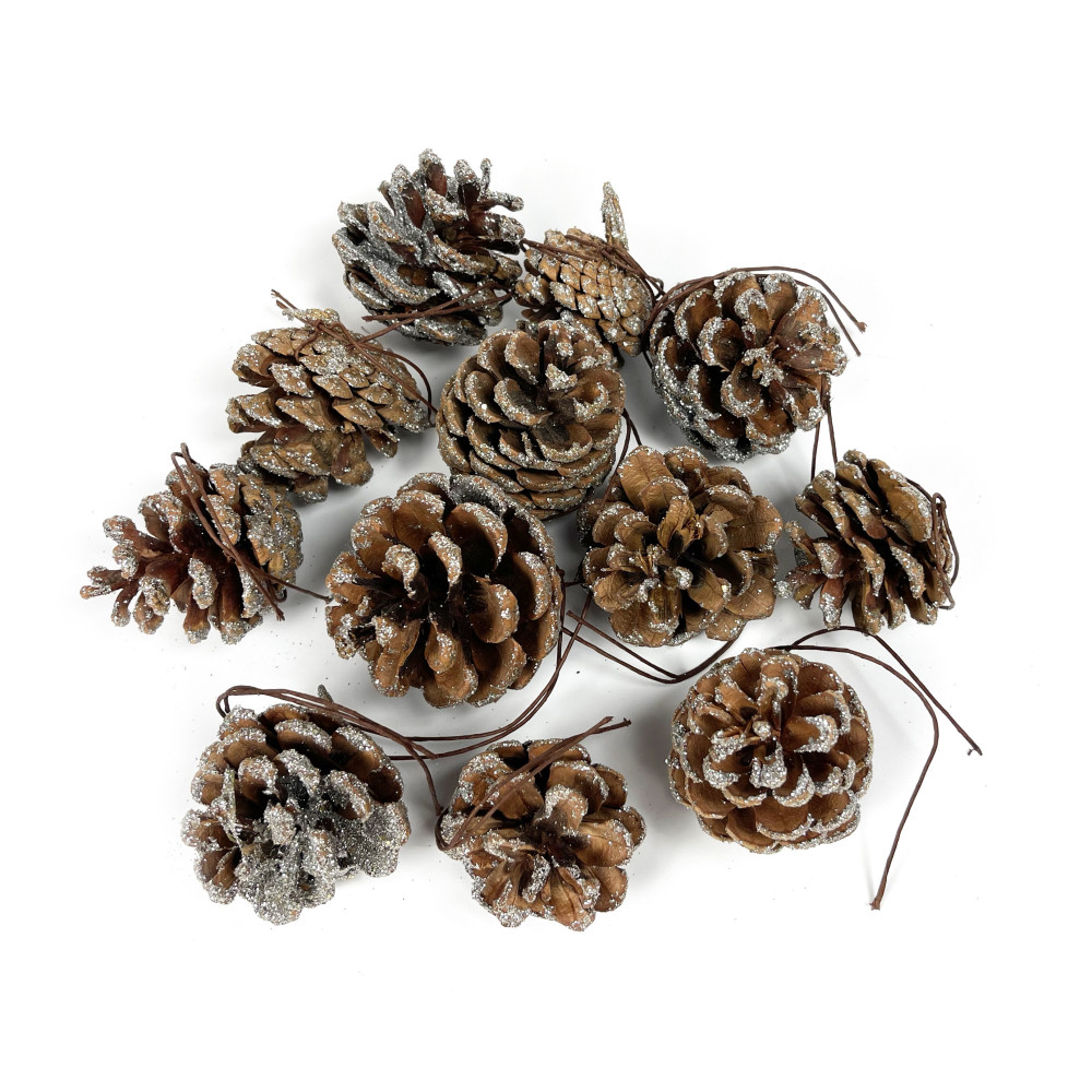 Pine cone with wire and glitter - silver, 5 cm, 12 pcs.