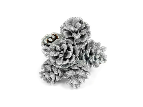 Szyszki z brokatem, wiązka - srebrne, 4 cm, 6 szt.