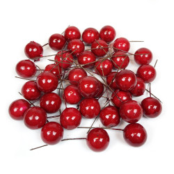 Decorative fruits on wires - red, 2,5 cm, 36 pcs.