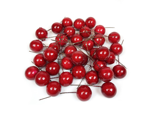 Decorative fruits on wires - red, 2,5 cm, 36 pcs.